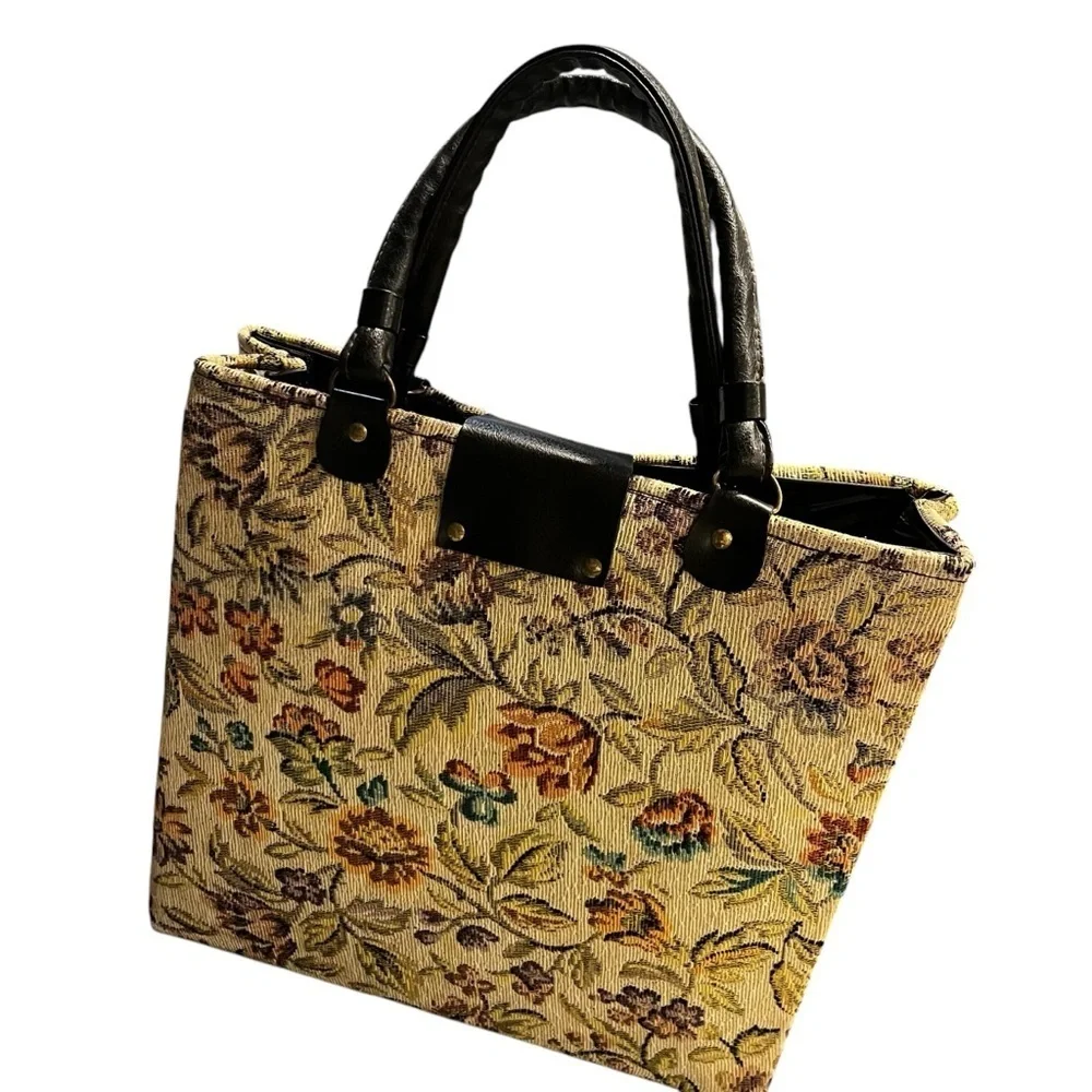 Vintage Tapestry Tote Bag Double Handle 12” X 12”